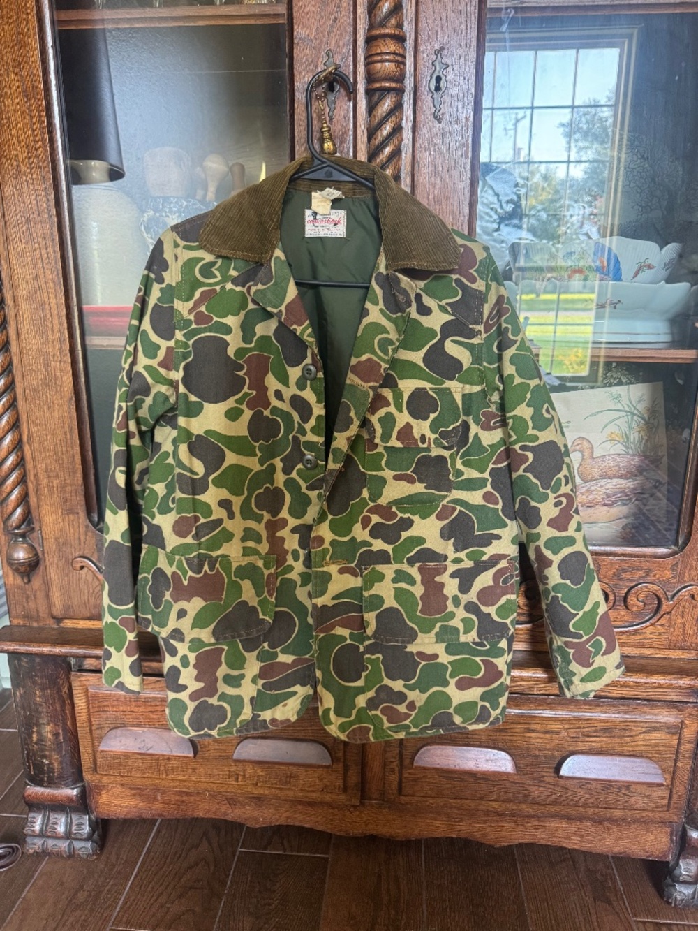 Vtg Canvasback Jacket Mens S? Woodland Camo Corduroy Collar Hunting Made in USA